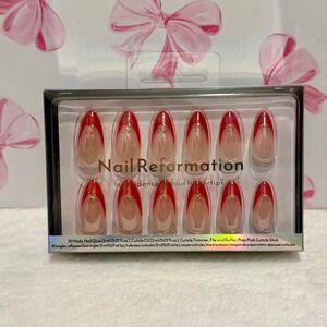 Nail Reformation Red French Tip Press On Nails with Gold Bow Detail Oval Shape